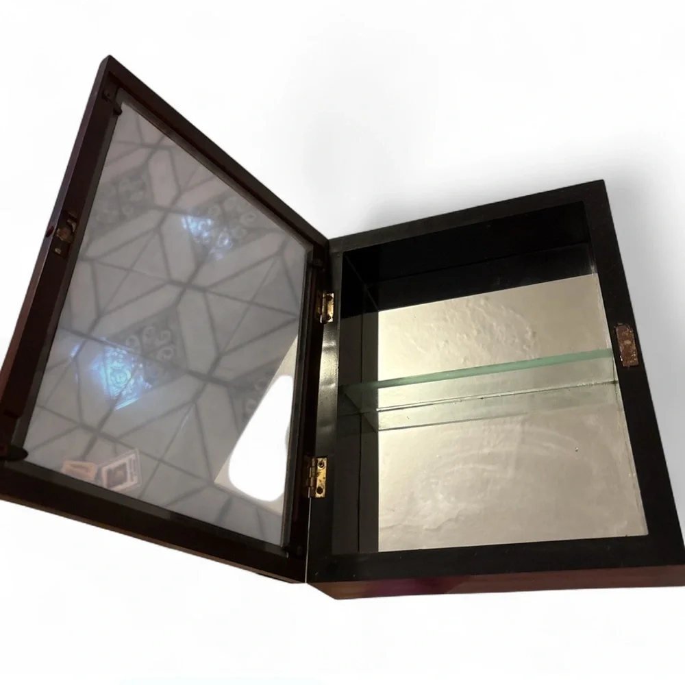 Vintage Wood Glass Wall Display Shadow Box Hinged Door Shelf 10x8